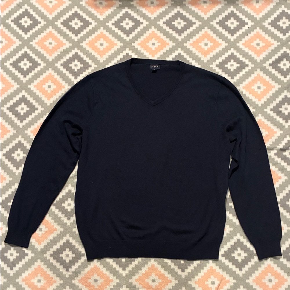 J. Crew Men's Navy Blue Merino Wool Blend V-Neck Sweater Size XL